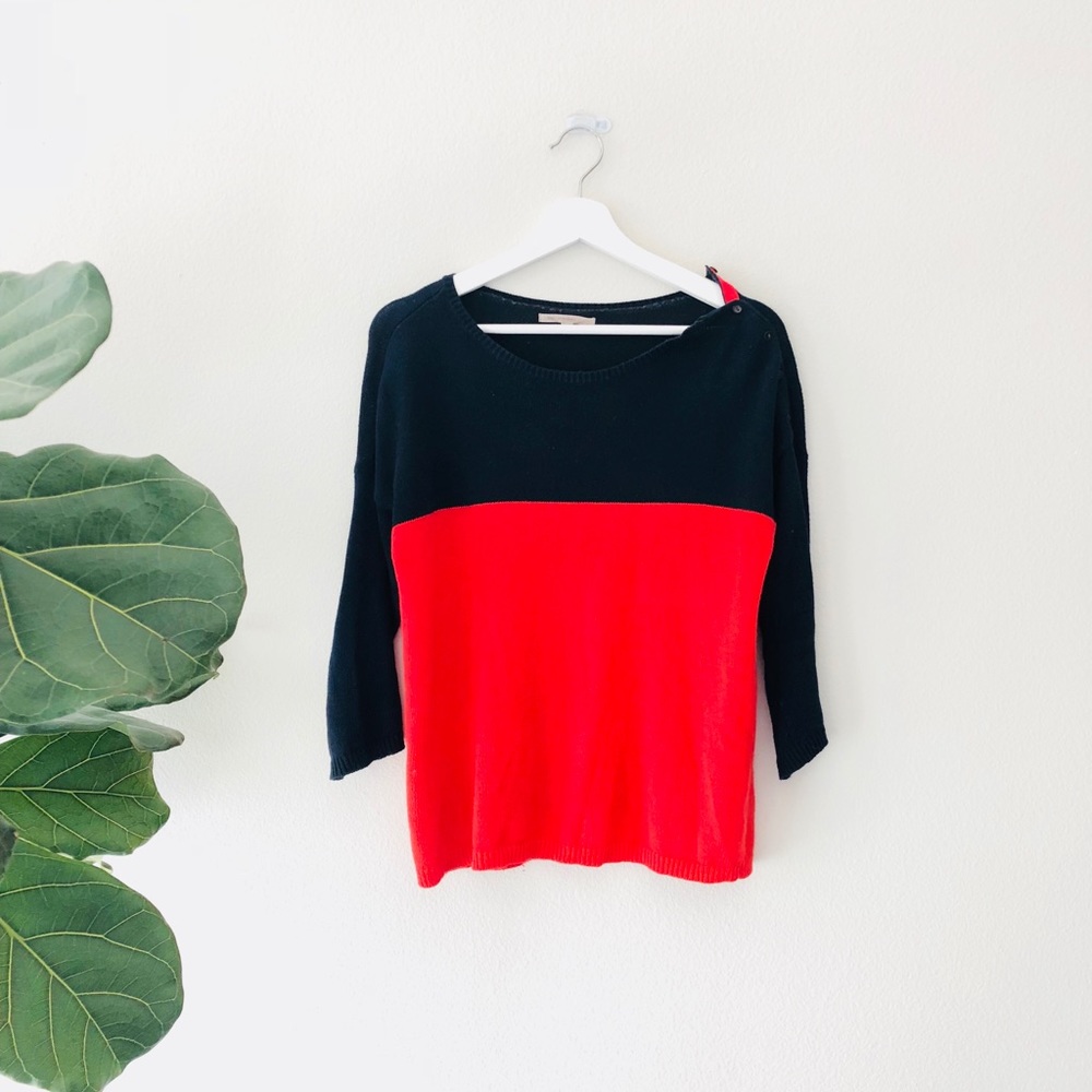 Navy and red colorblock sweater w/shoulder detail